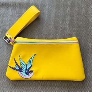 Yellow Wristlet with Swallow Bird Embroidery